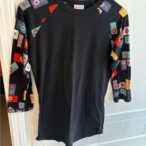 LuLaRoe Black Raglan Tee with Colorful Sleeves
